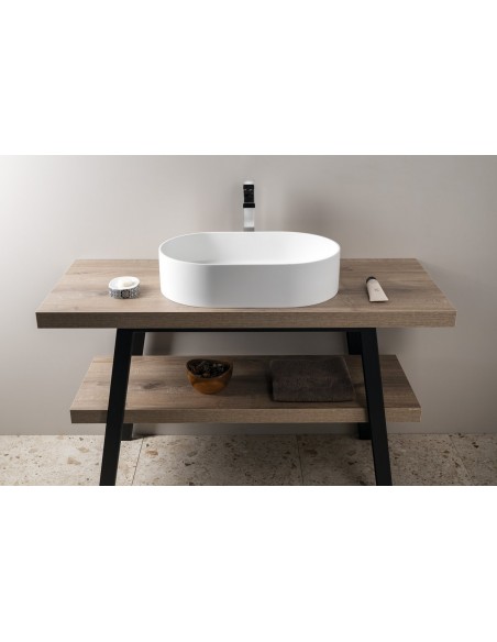 oval solid surface sten håndvask vask bordmonteret bordplade badeværelse mat hvid