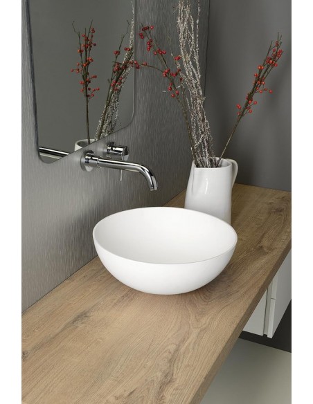 rund solid surface sten håndvask vask bordmonteret bordplade badeværelse mat hvid