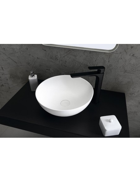 rund solid surface sten håndvask vask bordmonteret bordplade badeværelse mat hvid