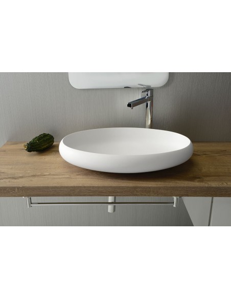 oval solid surface sten håndvask vask bordmonteret bordplade badeværelse mat hvid