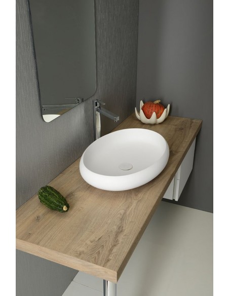 oval solid surface sten håndvask vask bordmonteret bordplade badeværelse mat hvid