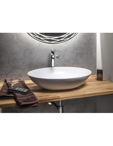 oval solid surface sten håndvask vask bordmonteret bordplade badeværelse mat hvid