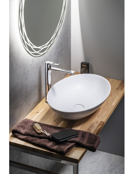 oval solid surface sten håndvask vask bordmonteret bordplade badeværelse mat hvid