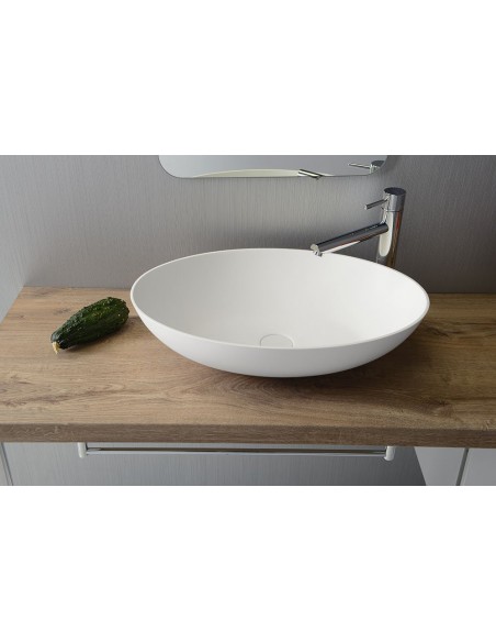 oval solid surface sten håndvask vask bordmonteret bordplade badeværelse mat hvid