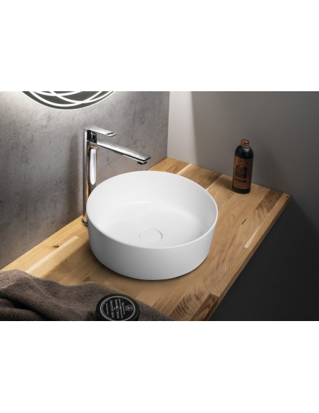 rund solid surface sten håndvask vask bordmonteret bordplade badeværelse mat hvid