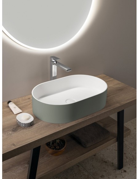 oval solid surface sten håndvask vask bordmonteret bordplade badeværelse mat hvid