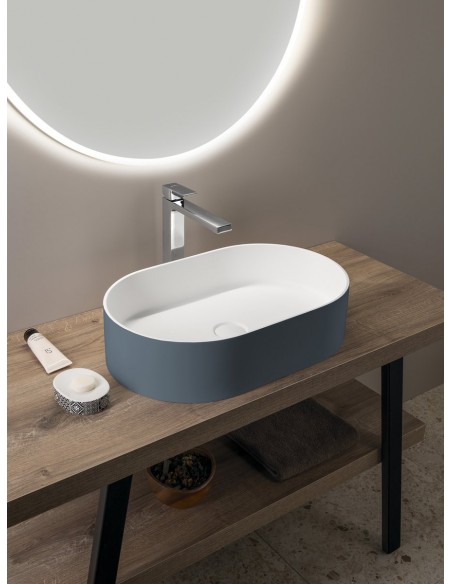 oval solid surface sten håndvask vask bordmonteret bordplade badeværelse mat hvid