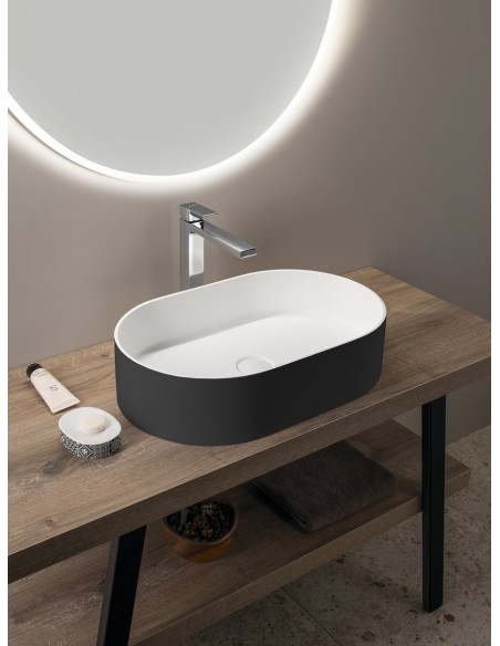 oval solid surface sten håndvask vask bordmonteret bordplade badeværelse mat hvid