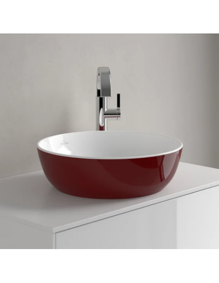 rund håndvask rød vask bordmonteret bordplade keramik porcelæn