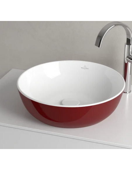 rund håndvask rød vask bordmonteret bordplade keramik porcelæn