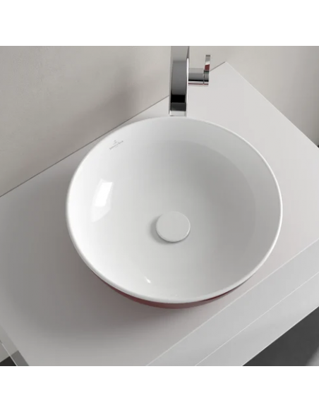 rund håndvask rød vask bordmonteret bordplade keramik porcelæn